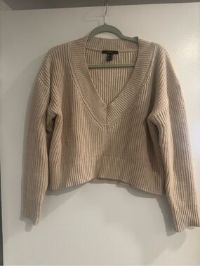 Forever 21 Beige Chunky Knit Cropped V-Neck Sweater Medium Cozy